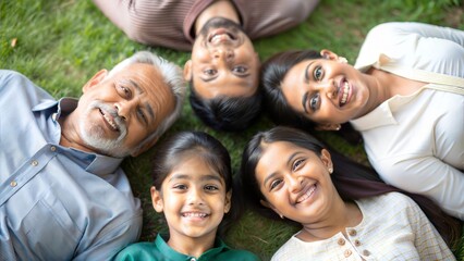 Indian Family Lying in a Circle on the Lawn, Looking Up at the Camera: Grandfather, Grandmother, Young Parents, and Two Kids with Heads Touching