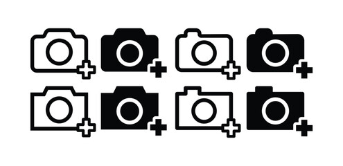 set of add picture photo camera plus icon vector design simple black white color illustration 