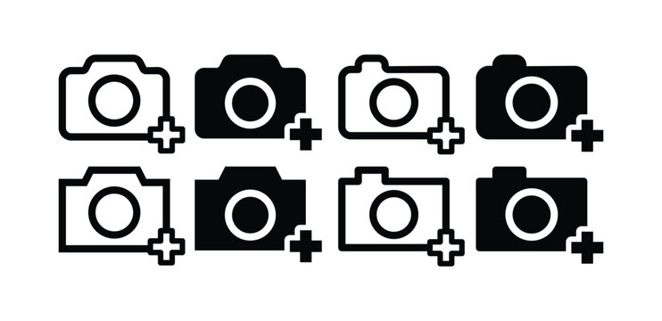 set of add picture photo camera plus icon vector design simple black white color illustration 