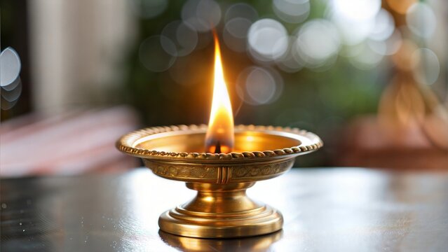 Indian Traditional Samai (Samayee): A Brass Diya Lit with Cotton Thread Dipped in Oil, Used for Worship at Home or in Temples






