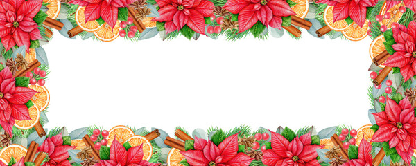 Winter season floral frame decor vintage style illustration. Bright Christmas traditional decoration with pine, eucalyptus, poinsettia flower, orange slices, cinnamon. Winter festive decor isolated