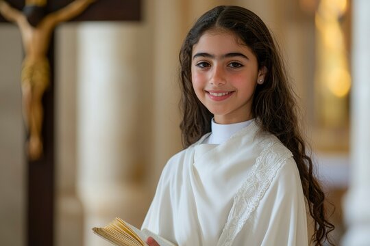 Young Girl in White Dress Holding a Book in a Church