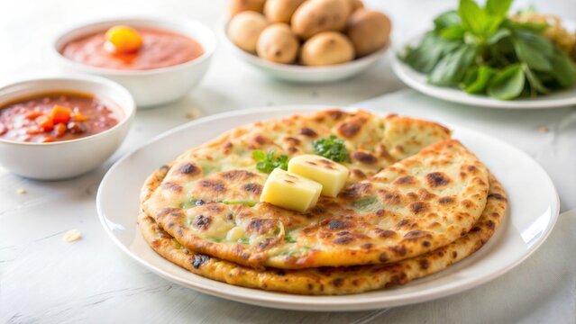 Aloo Paratha: Traditional Indian Potato-Stuffed Bread, Served with Tomato Ketchup and Curd







