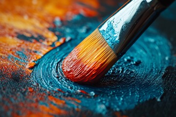Fototapeta premium Close-up of a paintbrush with red and blue paint on a canvas.