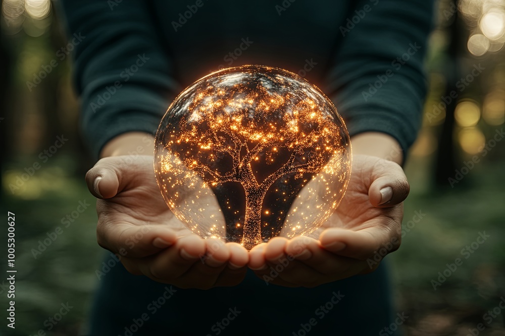 Aufkleber individual holds a glowing crystal sphere displaying a luminous tree design in a serene forest clear