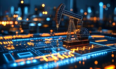 A wireframe model of an oil rig is displayed against a futuristic city backdrop.