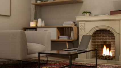 A close-up of a laptop placed on a modern coffee table in a cozy, vintage-contemporary living room.