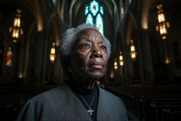 Fototapeta premium A Portrait of a Woman with Grey Hair Wearing a Cross Necklace in a Church