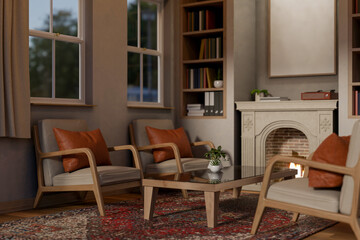 A luxurious classic living room features a vintage fireplace, a coffee table and chairs on a rug.