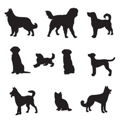 Isolated dogs on the white background. Dogs silhouettes. Vector EPS 10.	