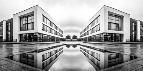 Modern building with reflection in water.
