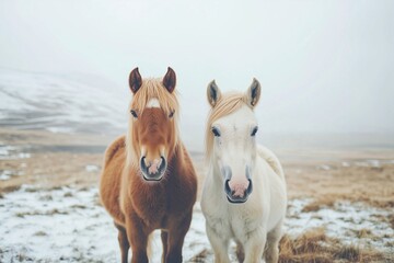 Obraz premium Two ponies standing in the snow outside the village barn in winter, capturing the festive mood on a cold day. Winter pasture for horses. Christmas and New Year