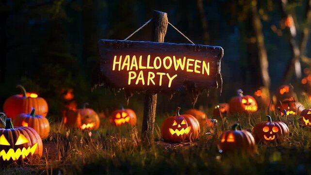 Spooky Halloween Pumpkin Patch with "Halloween Party" Sign at Night