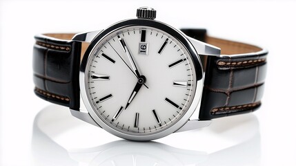 Classic Analog Watch with Leather Strap and White Dial
