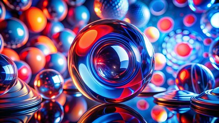 Bright red and blue orbs rotate and sparkle while flowing through a glass prism, producing enchanting effects in