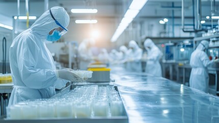 Person in protective suit and mask working with medical samples in sterile laboratory environment, pharmaceutical quality control concept for healthcare publications