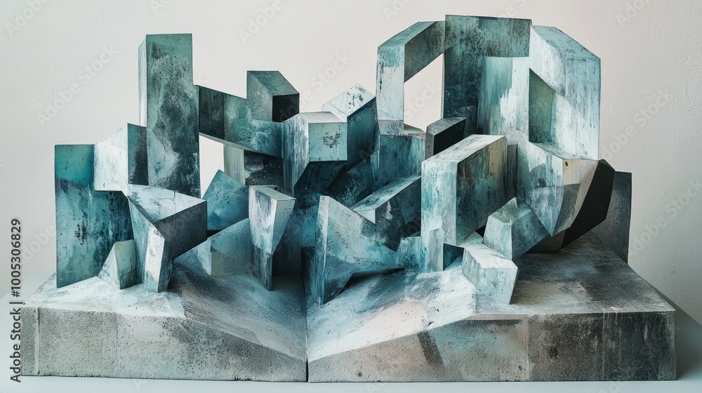 Poster abstract geometric sculpture with sharp angles and a textured surface in muted colors.