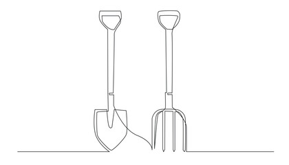 continuous line of shovel and rake.one line drawing of shovel and rake tools for plantation.one line vector of agricultural tools