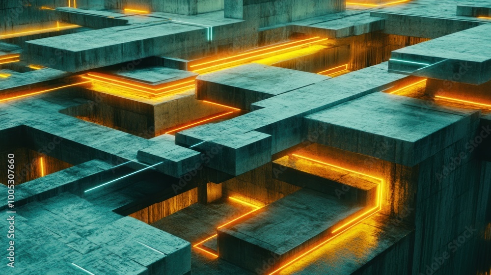 Poster a futuristic abstract landscape with glowing lines and geometric structures.