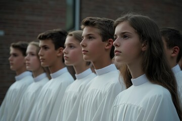 Obraz premium Children in White Robes Look Upwards Together