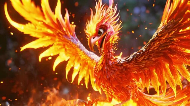 Vibrant digital illustration of phoenix bird surrounded by flames
