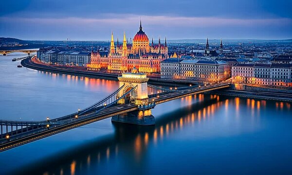 Budapest Evening Scene with Chain Bridge and River