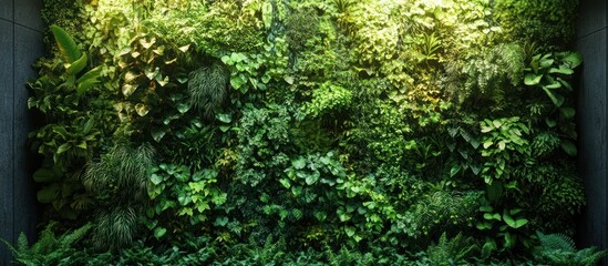 Obraz premium Lush green vertical garden wall with various plants.
