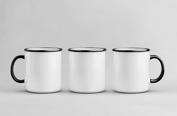 3 white coffee mugs with black handles and rims, mockup template, plain background