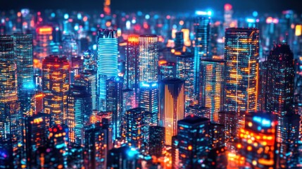 Naklejka premium A vibrant city skyline illuminated at night, showcasing modern architecture and urban life.