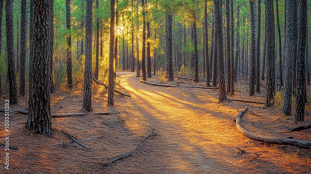 Poster Sunbeams illuminate a path winding through a dense pine forest.