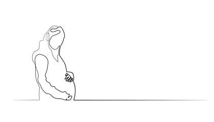 continuous line of pregnant woman and listening to music.one line drawing of pregnant woman enjoying music with headphones.single line vector illustration.