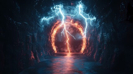 Obraz premium A Thrilling Display of Lightning Bolts Illuminate a Mysterious Tunnel's End, Creating a Spectacle of Nature's Power and Beauty