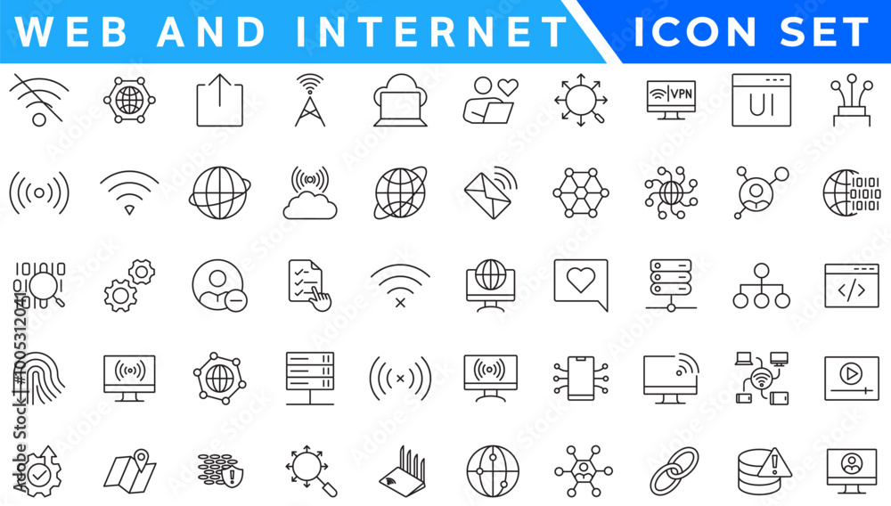 Poster wireless and network vector line icon set. contains linear outline icons like connection, signal, in