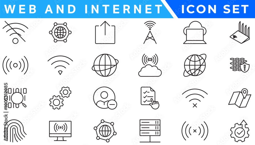 Poster wireless and network vector line icon set. contains linear outline icons like connection, signal, in