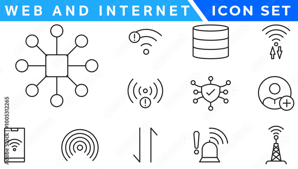 Poster wireless and network vector line icon set. contains linear outline icons like connection, signal, in