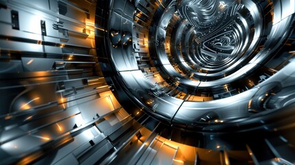Abstract 3D Rendering of a Futuristic Metal Tunnel with Glowing Orange Lights