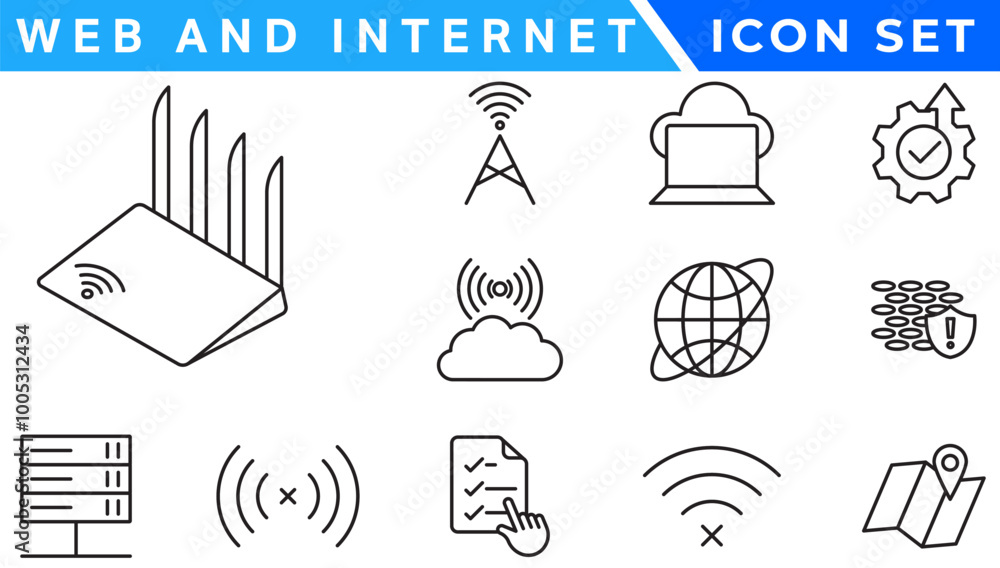 Poster wireless and network vector line icon set. contains linear outline icons like connection, signal, in