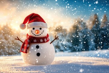 Fototapeta premium happy snowman fantasy standing in winter christmas landscape.