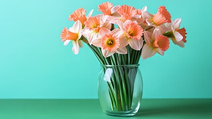 A bouquet of peach and white daffodils in a clear glass vase on a green surface, against a turquoise background.