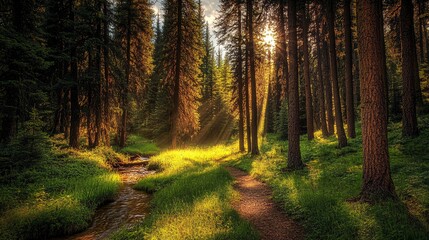 Obraz premium Sunbeams illuminate a forest path with a flowing stream.