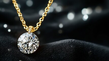A diamond pendant hanging from a gold chain, sparkling against a black velvet background.