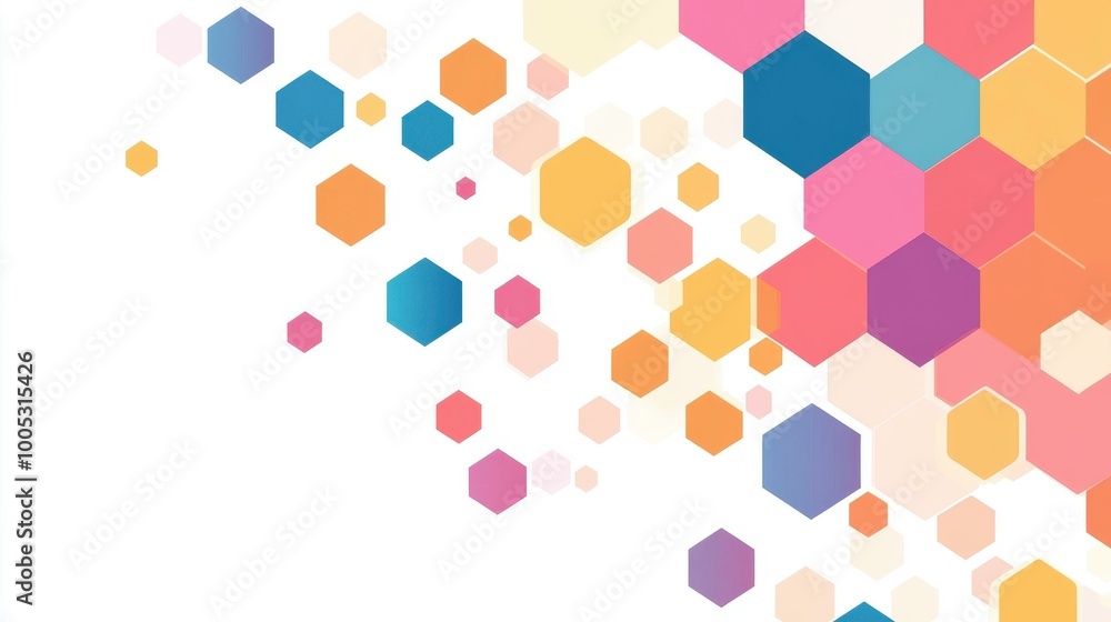 Poster explore a playful flat illustration with hexagonal patterns, merging science and tech in a vibrant, 