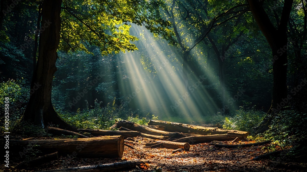 Poster sun rays shining through the trees in a forest.