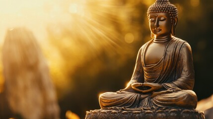 Fototapeta premium A golden Buddha statue shining under soft natural light, placed in a serene environment.