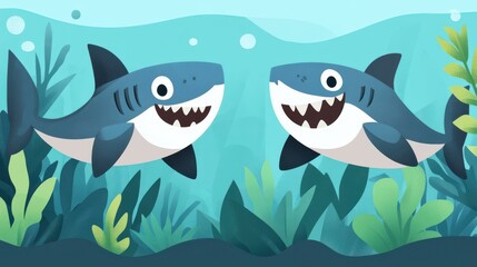Obraz premium Dive into an ocean adventure with two playful sharks, designed to spark joy and creativity in young readers.