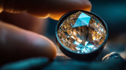 A jeweler appraising a large loose diamond, examining it with a loupe.