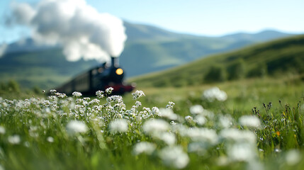 Fototapeta premium The steam train passes through the hills and the hillside of flowers