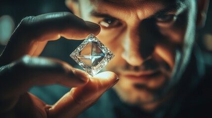A jeweler holding up a diamond under soft lighting, evaluating its brilliance and cut.