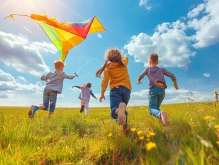 Rearview of happy joyful diverse boys and girls, kids playing outdoors, running and flying kite in the sunny spring - ai