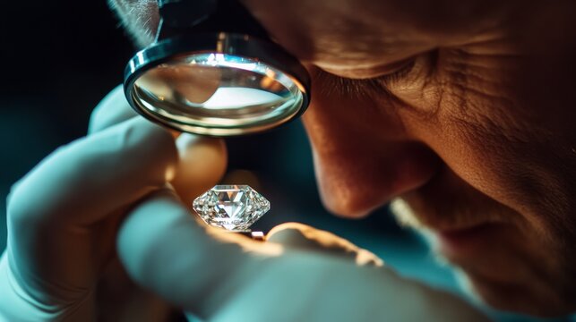 A jeweler inspecting a loose diamond with a magnifying glass, focusing on the stone clarity and cut - Powered by Adobe